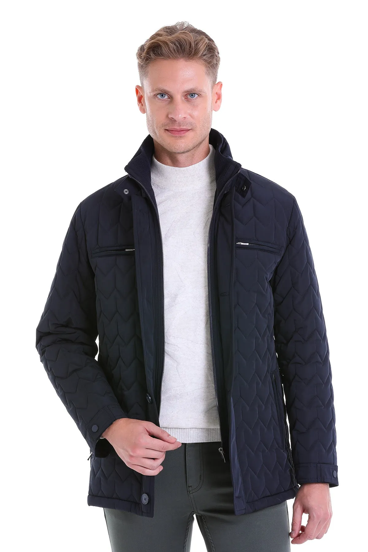 Regular Fit Quilted 1655 Stand Collar Khaki Coat, Navy