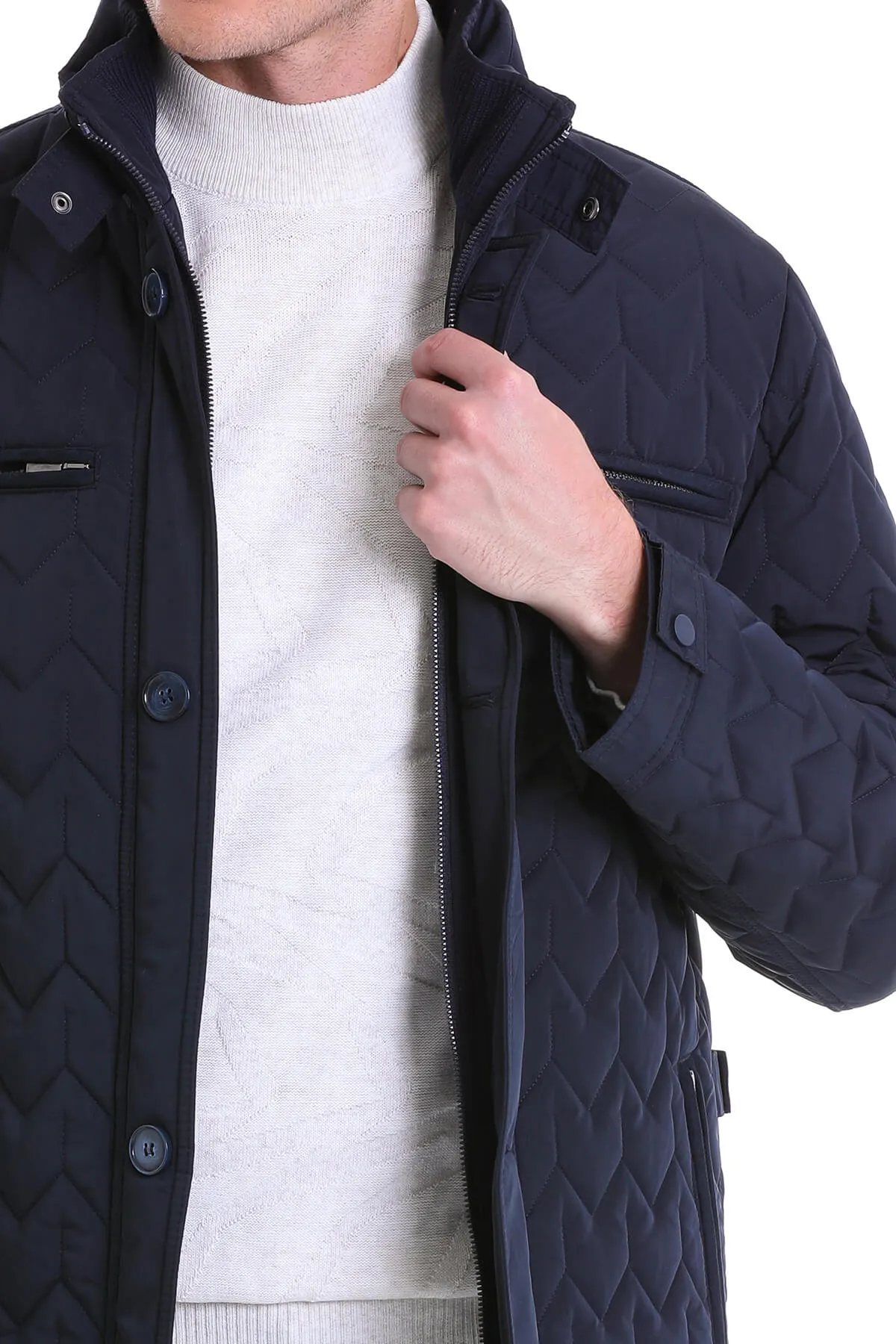 Regular Fit Quilted 1655 Stand Collar Khaki Coat, Navy