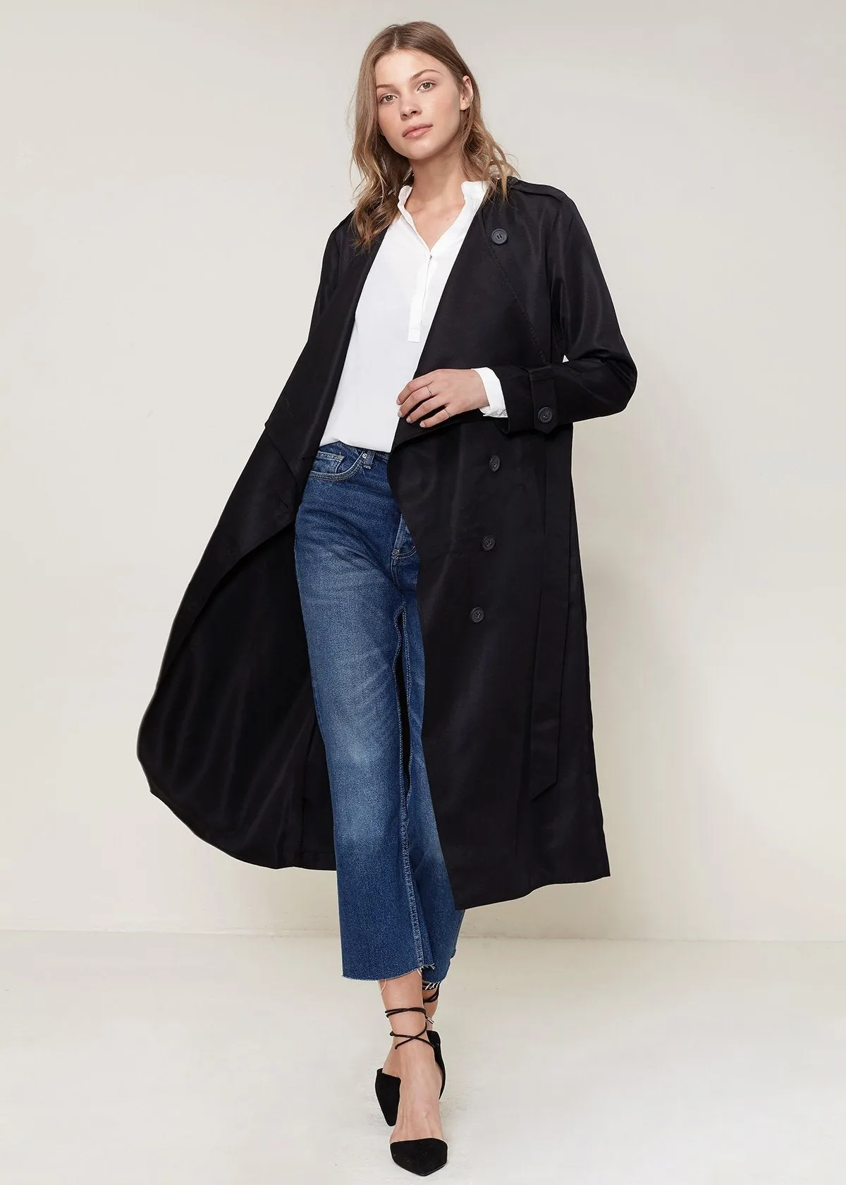 Ro & De Tie Waist Maxi Trench Coat In Black