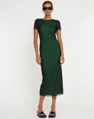 Roska Midi Dress in Black with Vibrant Green Lining