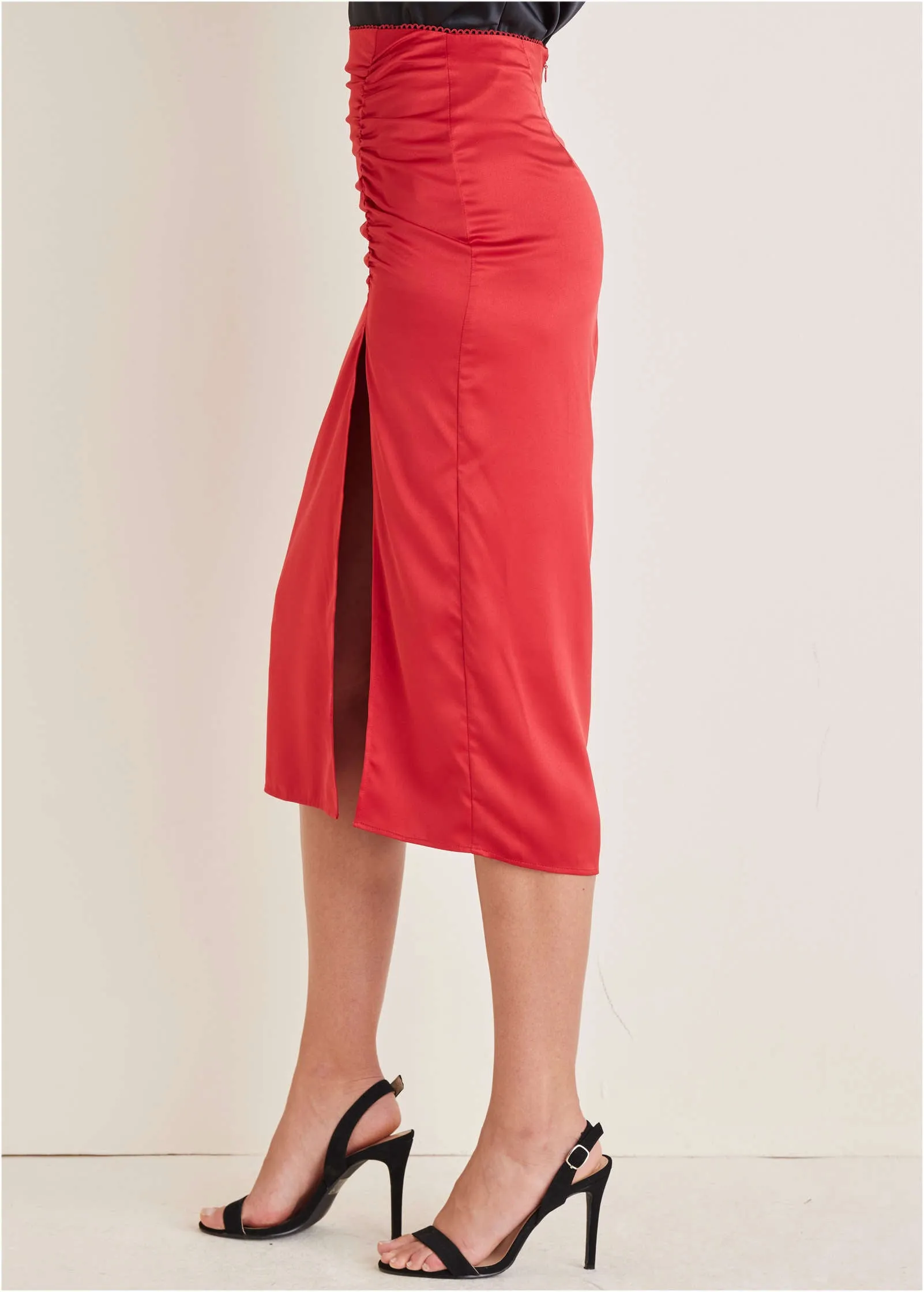 Ruched Detail Midi Skirt - Equestrian Red