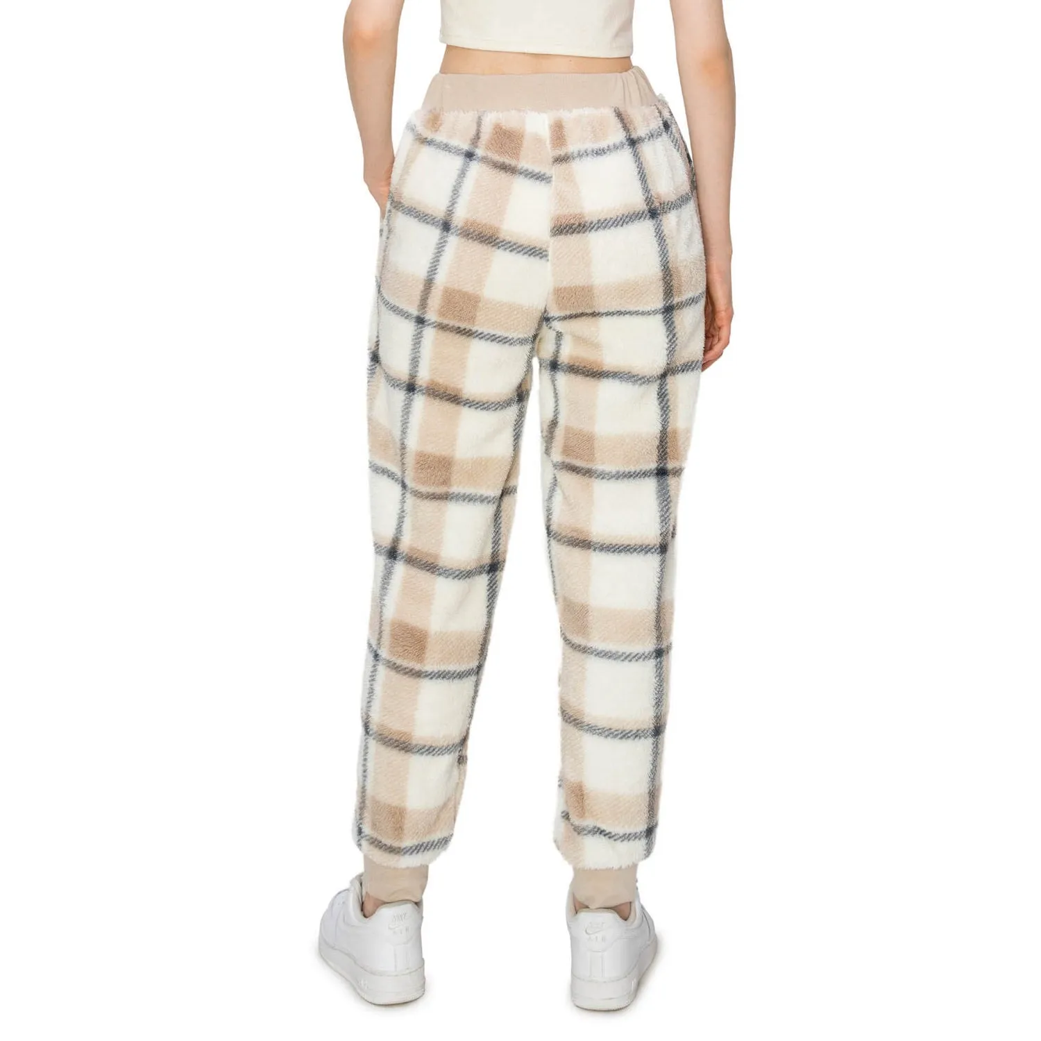 Sherpa Plaid Joggers Sweatpants - Taupe/White