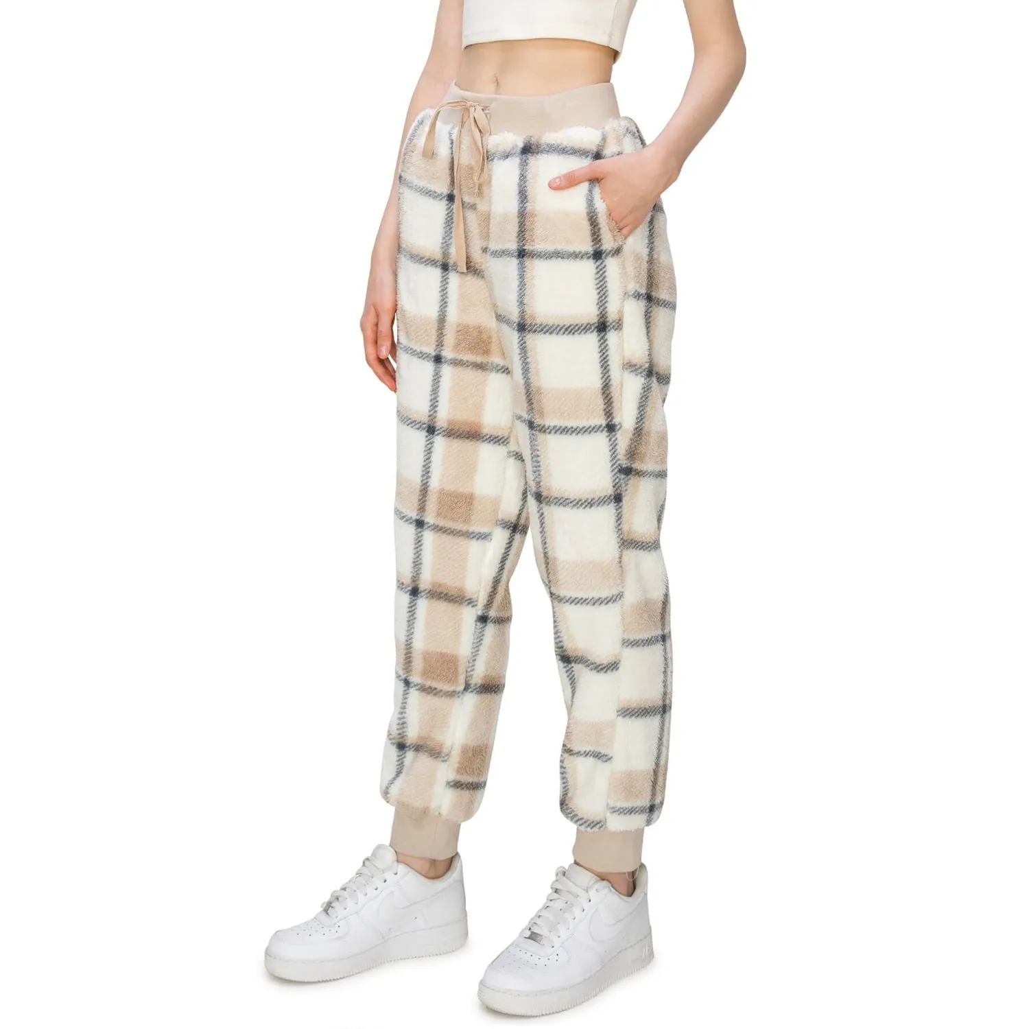 Sherpa Plaid Joggers Sweatpants - Taupe/White