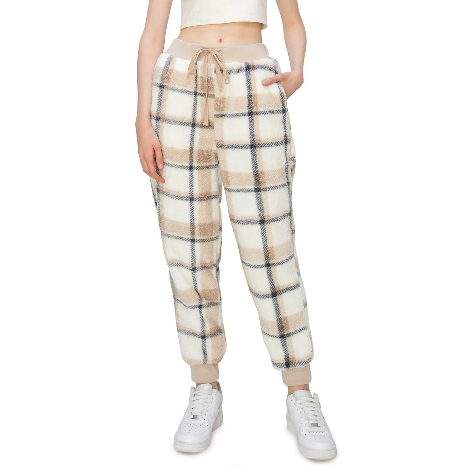 Sherpa Plaid Joggers Sweatpants - Taupe/White