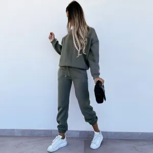 Simple Style Round Neck Long Sleeve Sweatsuit Matching Set - Army Green