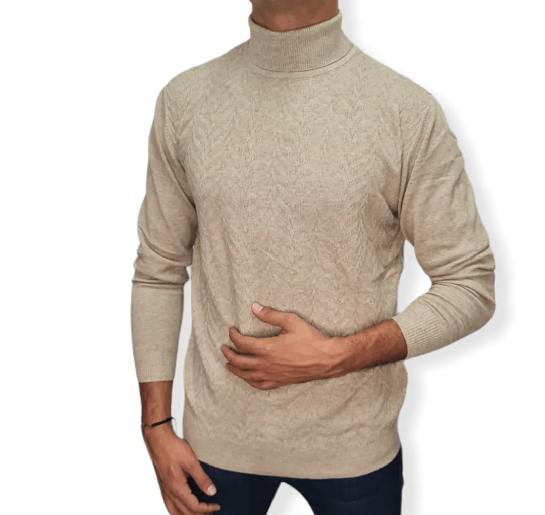 [Slim Fit] Men High Collar (Turtleneck) Pullover AE (wavy shapes) - Beige