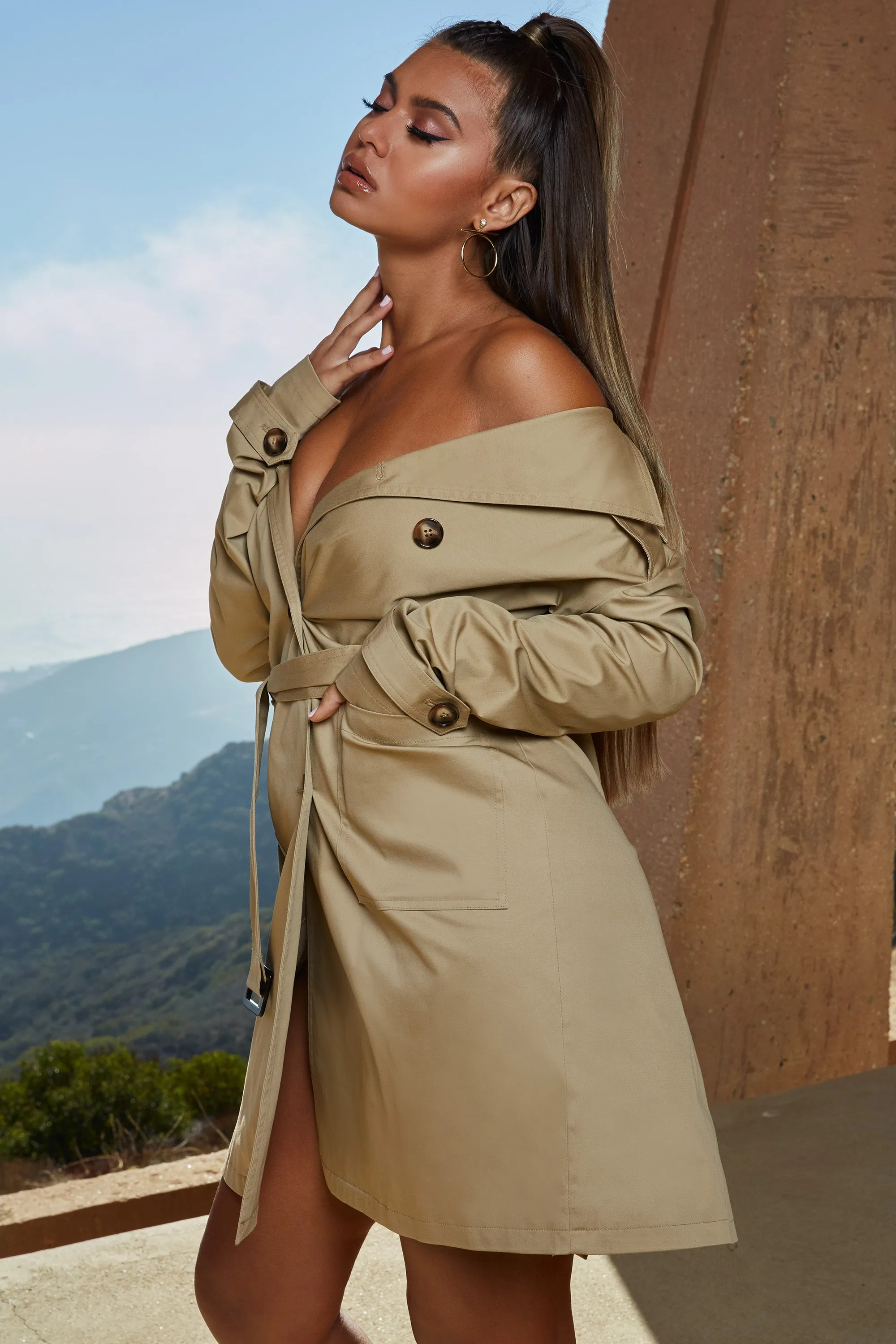 So Over You Bardot Trench Coat Dress in Beige