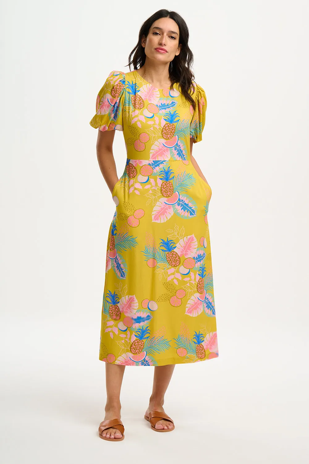 Sorcha Midi Dress (Yellow Tropical Fruits)