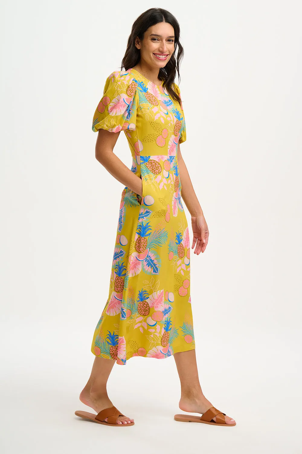 Sorcha Midi Dress (Yellow Tropical Fruits)