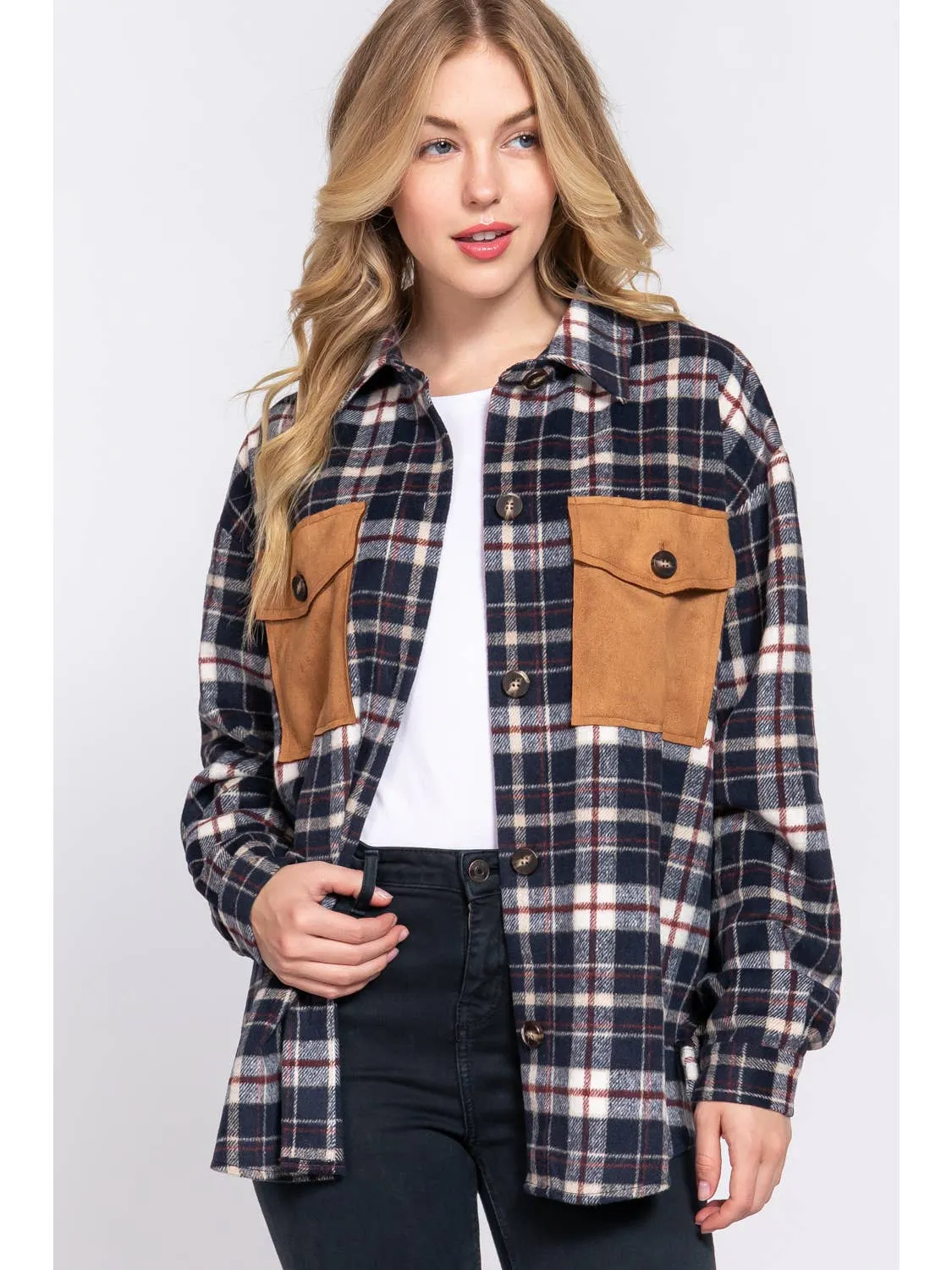 Suede Pocket Brushed Plaid Shacket