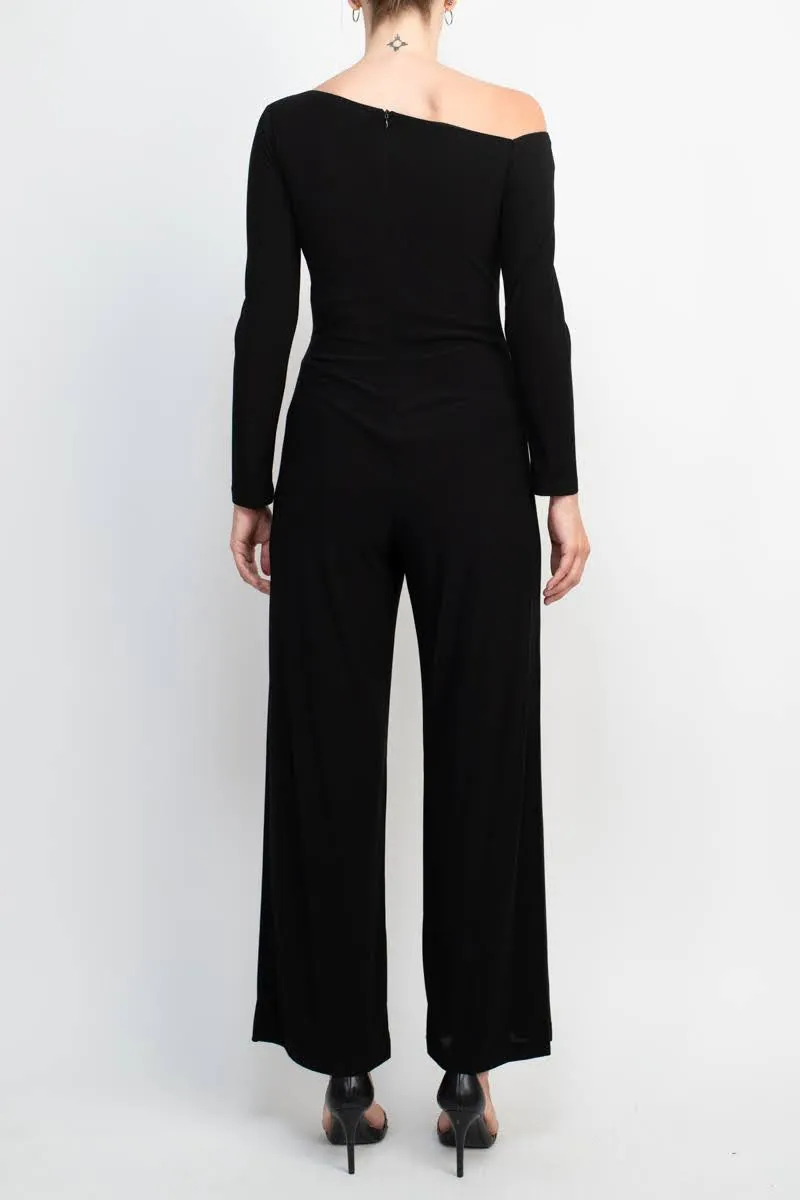 Taylor One-Shoulder Long Sleeve Zipper Back Solid Stretch Crepe Jumpsuit