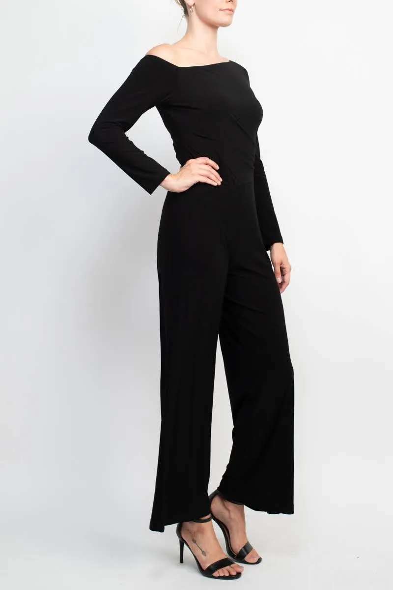 Taylor One-Shoulder Long Sleeve Zipper Back Solid Stretch Crepe Jumpsuit