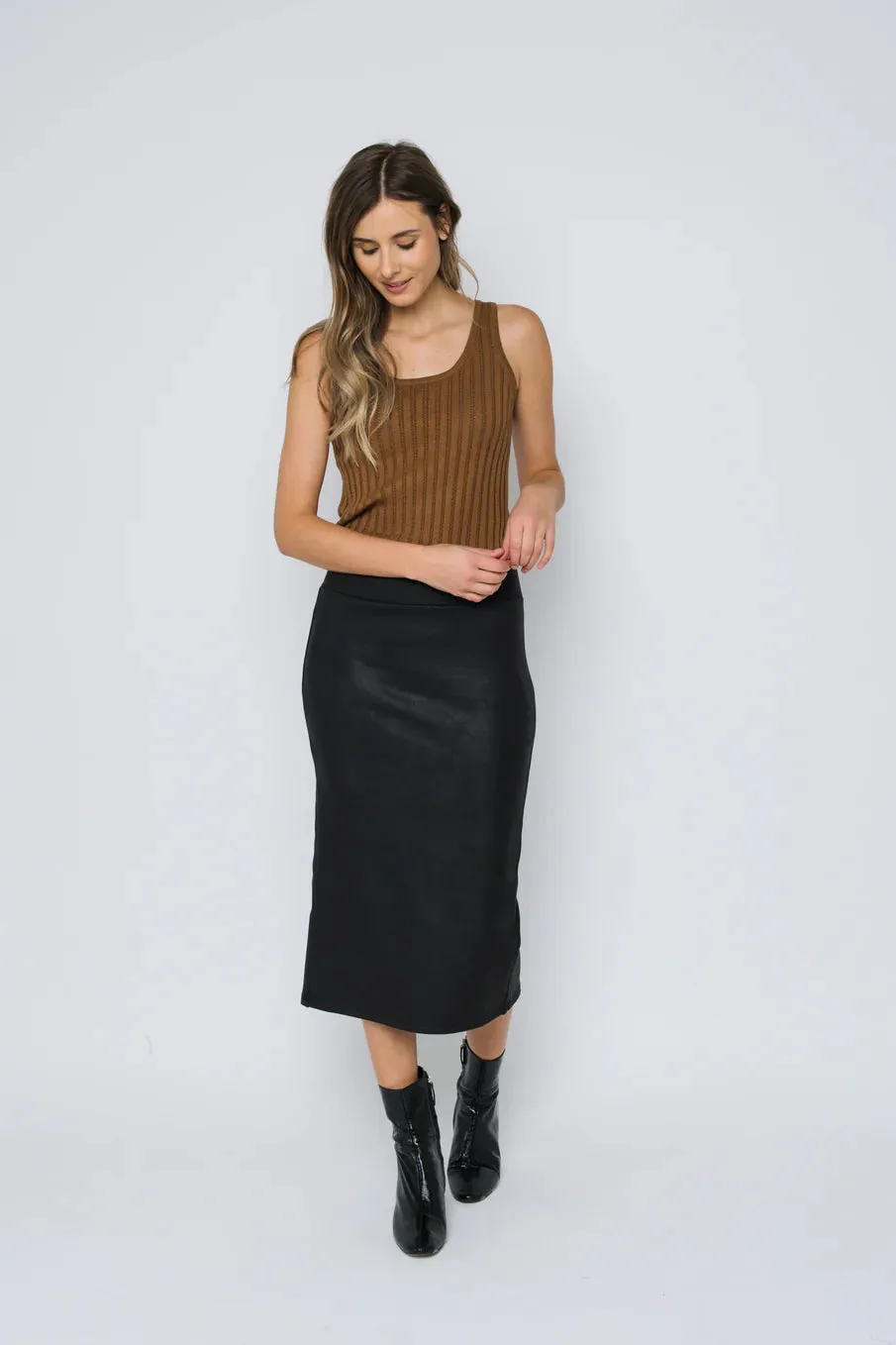 The Erin Faux Leather Midi Skirt