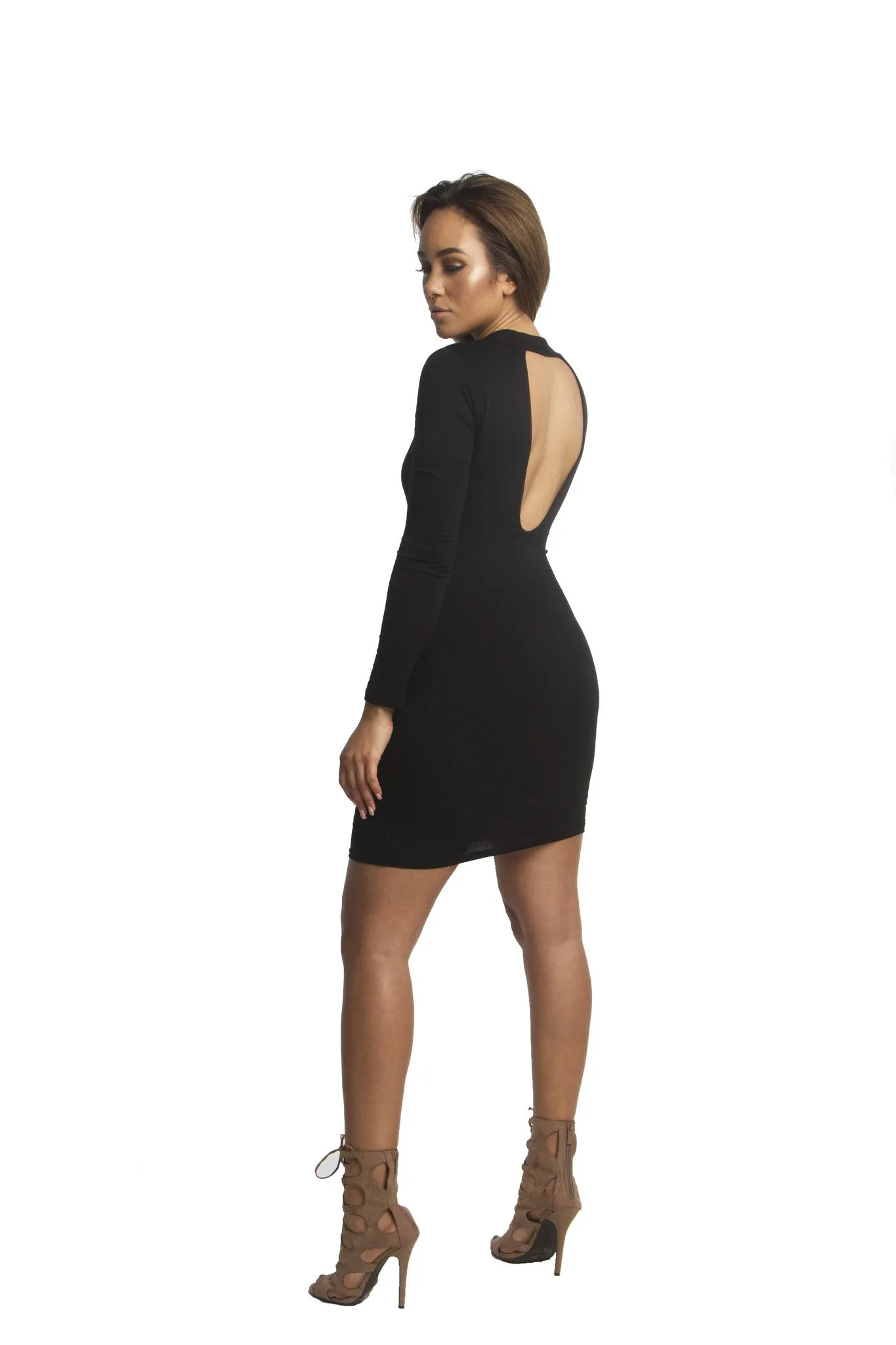 THE MYSTYLEMODE BLACK V NECK CHOKER DOUBLE LINED BODYCON DRESS