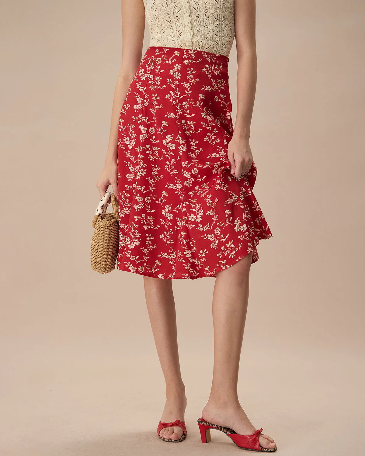 The Red High-Waisted Floral Midi Skirt