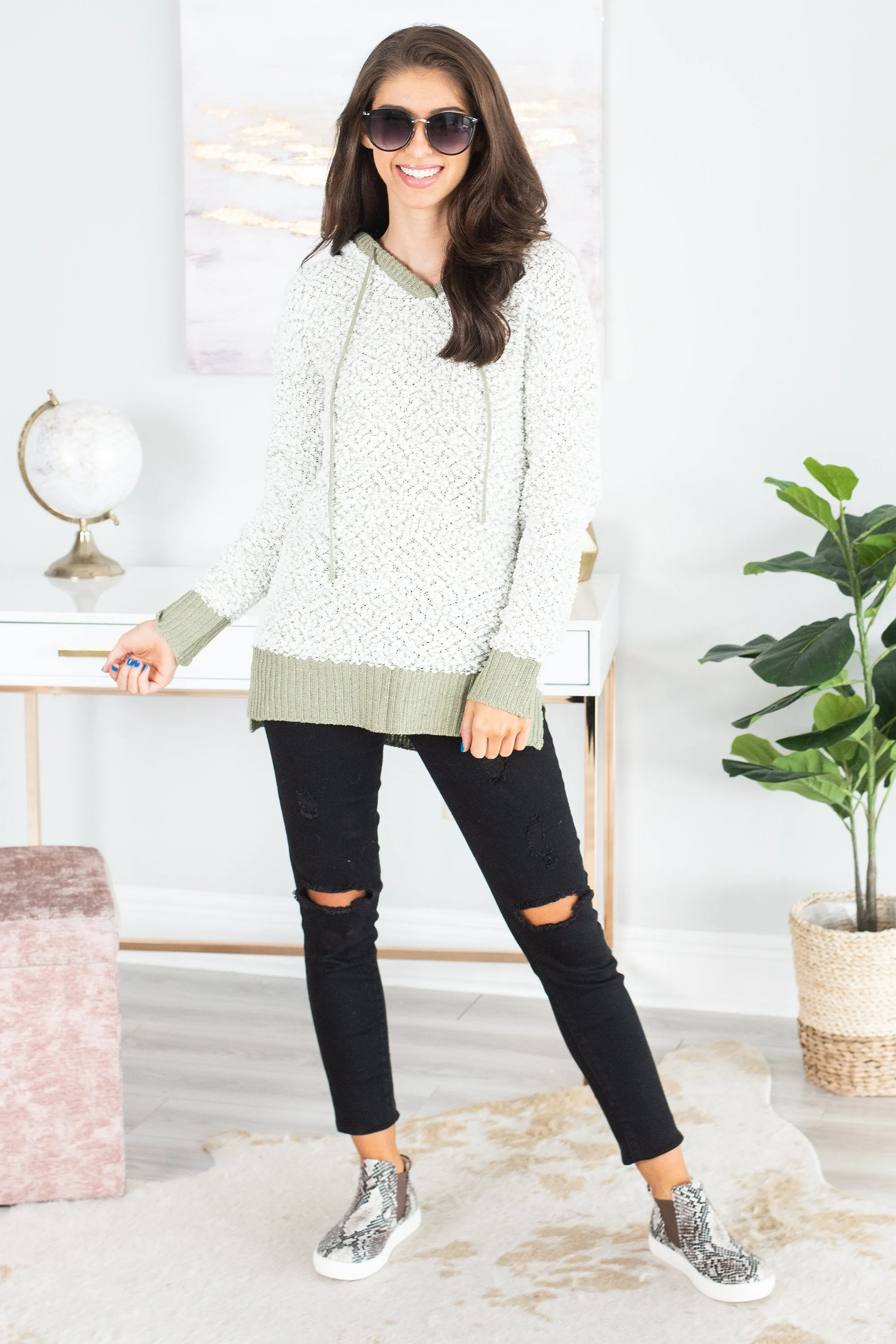 Traveling Through The Snow Olive Green Popcorn Pullover