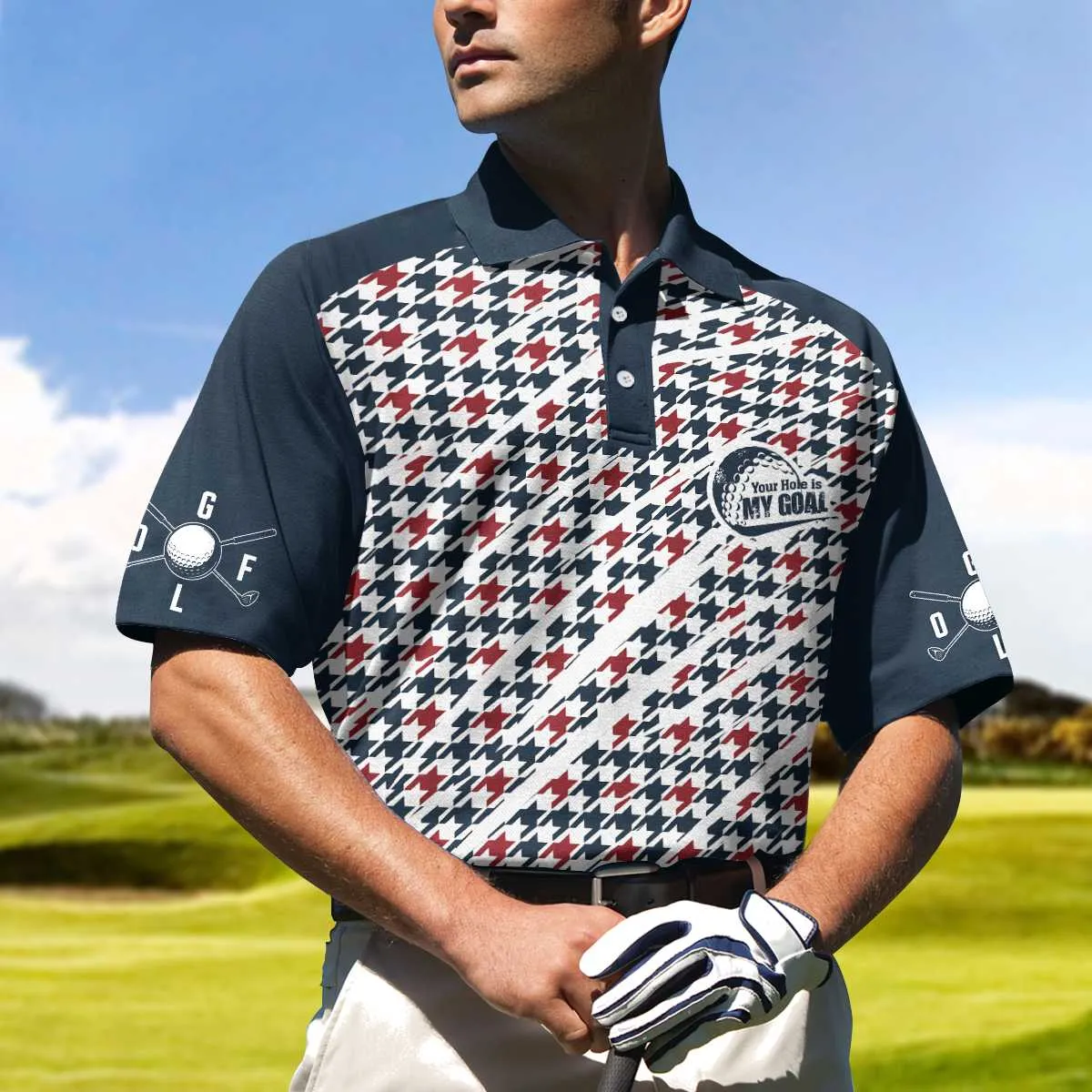 Trendy Red & Blue Houndstooth Pattern Golf Shirt, Your Hole Is My Goal Polo Shirt, Best Golf Shirt For Men Coolspod