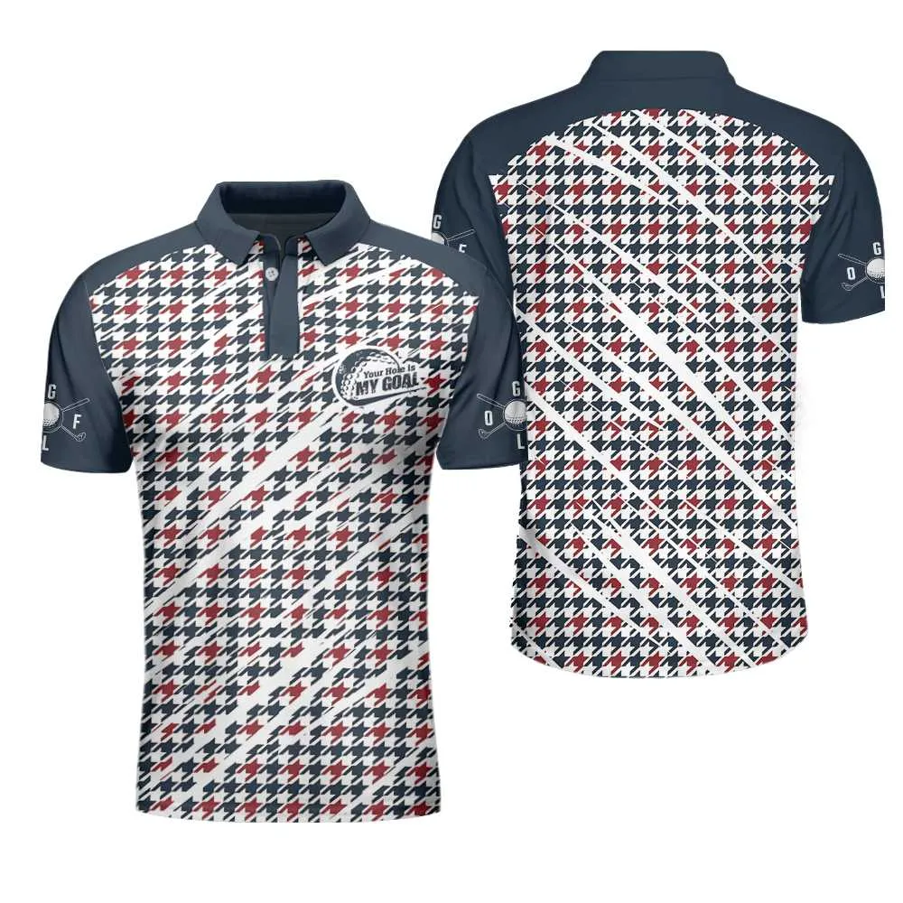 Trendy Red & Blue Houndstooth Pattern Golf Shirt, Your Hole Is My Goal Polo Shirt, Best Golf Shirt For Men Coolspod