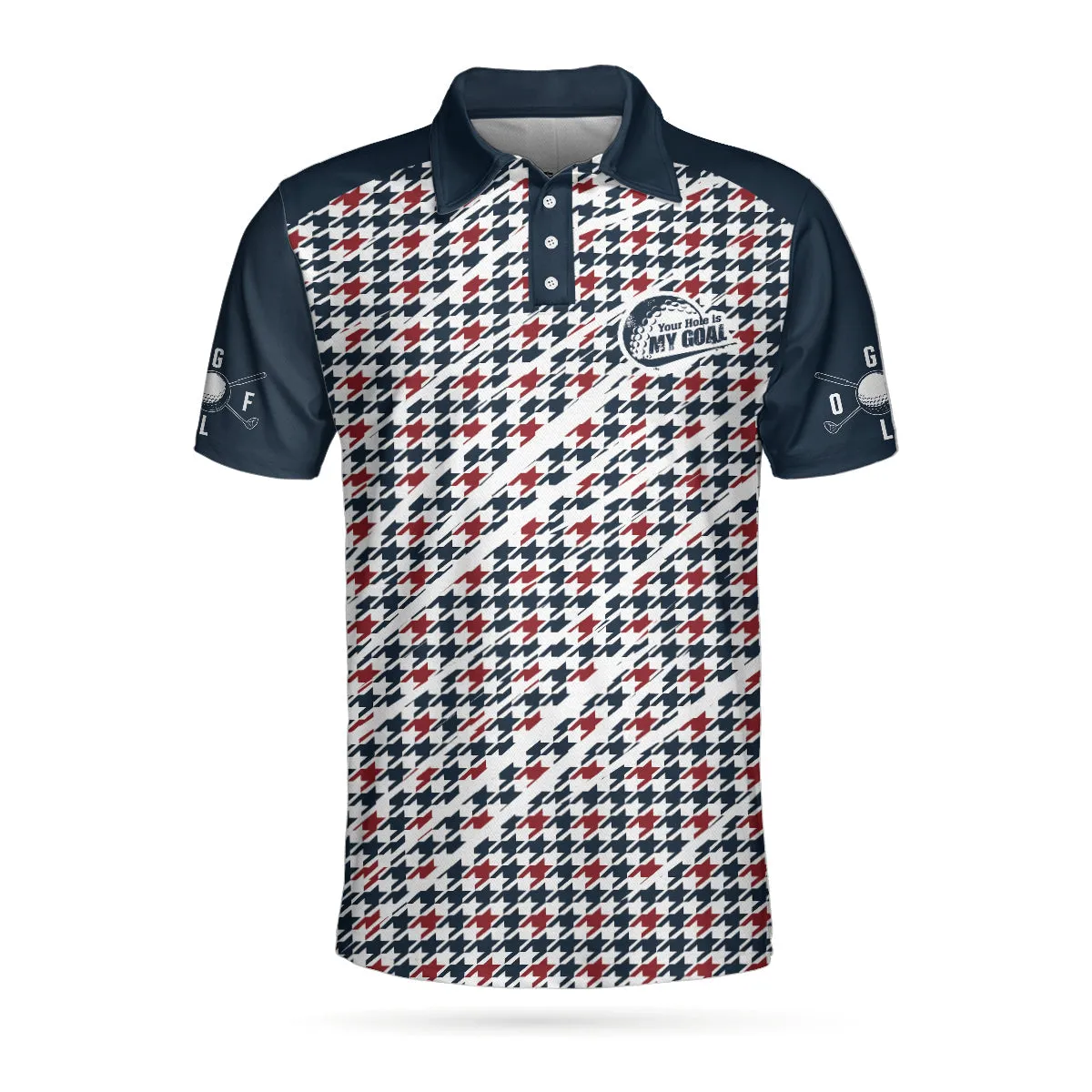 Trendy Red & Blue Houndstooth Pattern Golf Shirt, Your Hole Is My Goal Polo Shirt, Best Golf Shirt For Men Coolspod