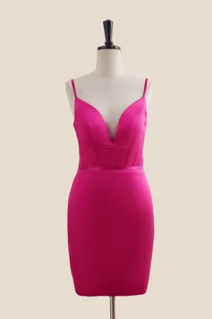 V Neck Hot Pink Ruched Bodycon Short Dress