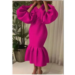 V-Neck Puff Long-sleeve Bodycon Dress