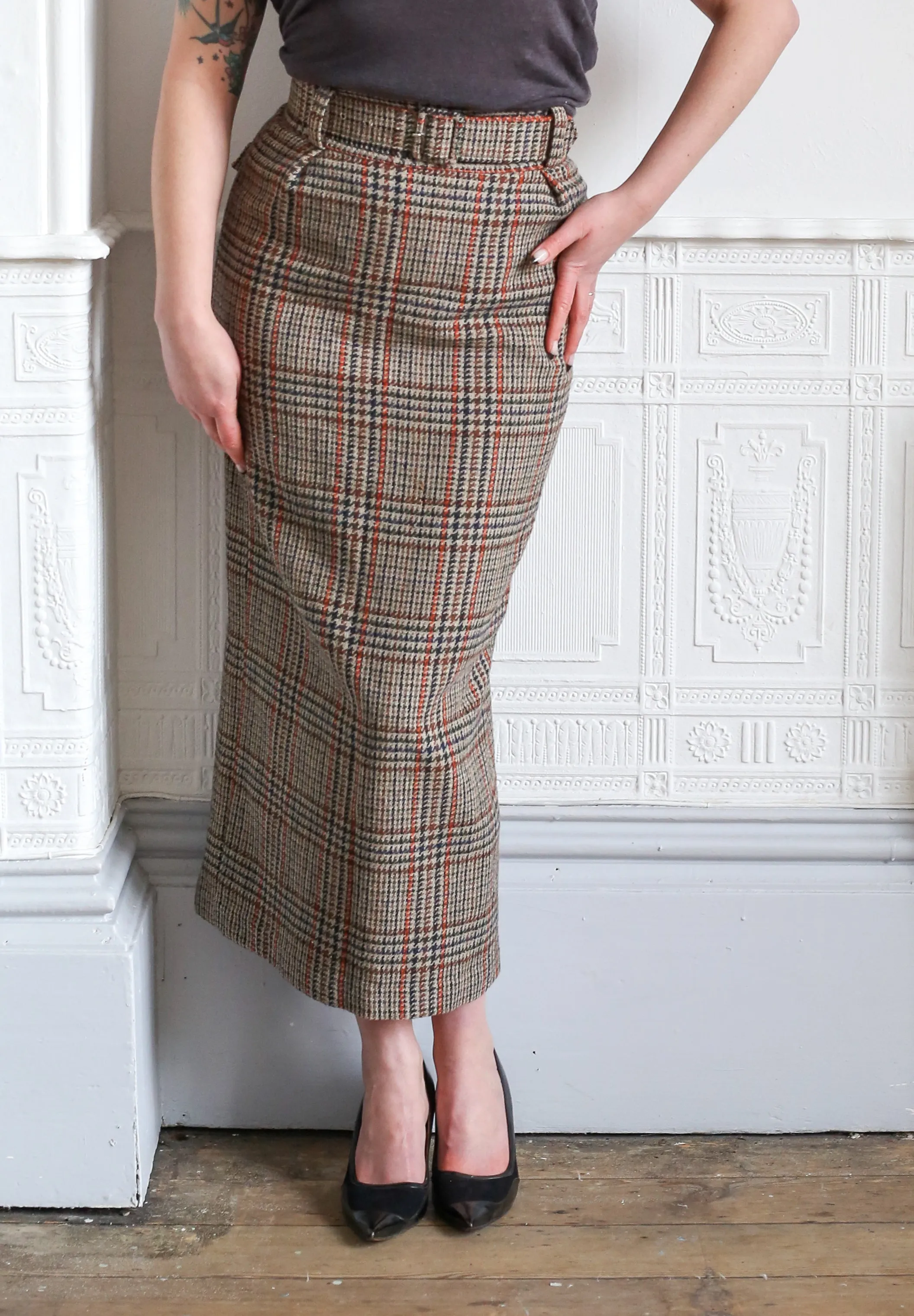 Vintage 1940s Style Tweed Long Midi Pencil Skirt