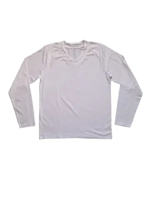 White Double V-Neck Long Sleeve Mens T-Shirt