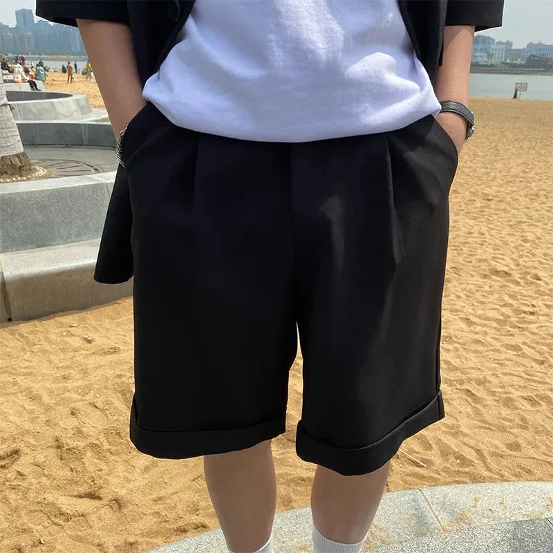 WIAOFELLAS  -  New Summer Solid Color Casual Shorts Men's Korean Trendy Black And White Suit Shorts Summer New Wide Leg Pants 2Y8315