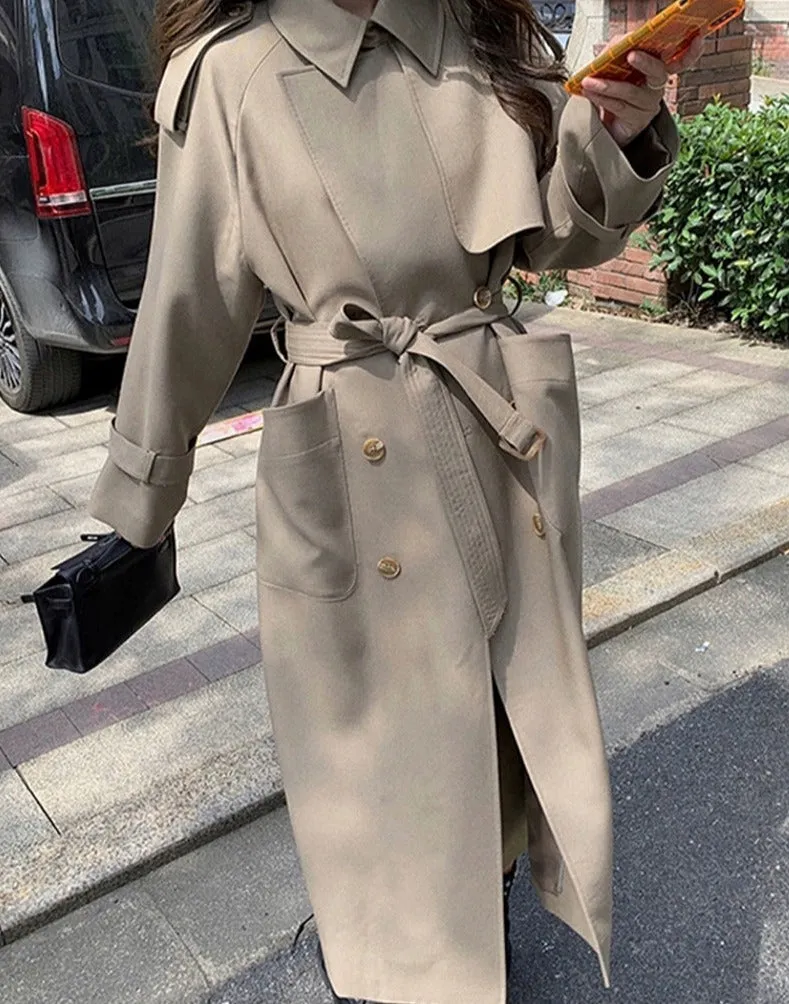 Wjczt Spring Turn-down Collar Female Windbreaker Long Sleeve Loose Belted Double Breasted Stylish Women Trench Coats 2022