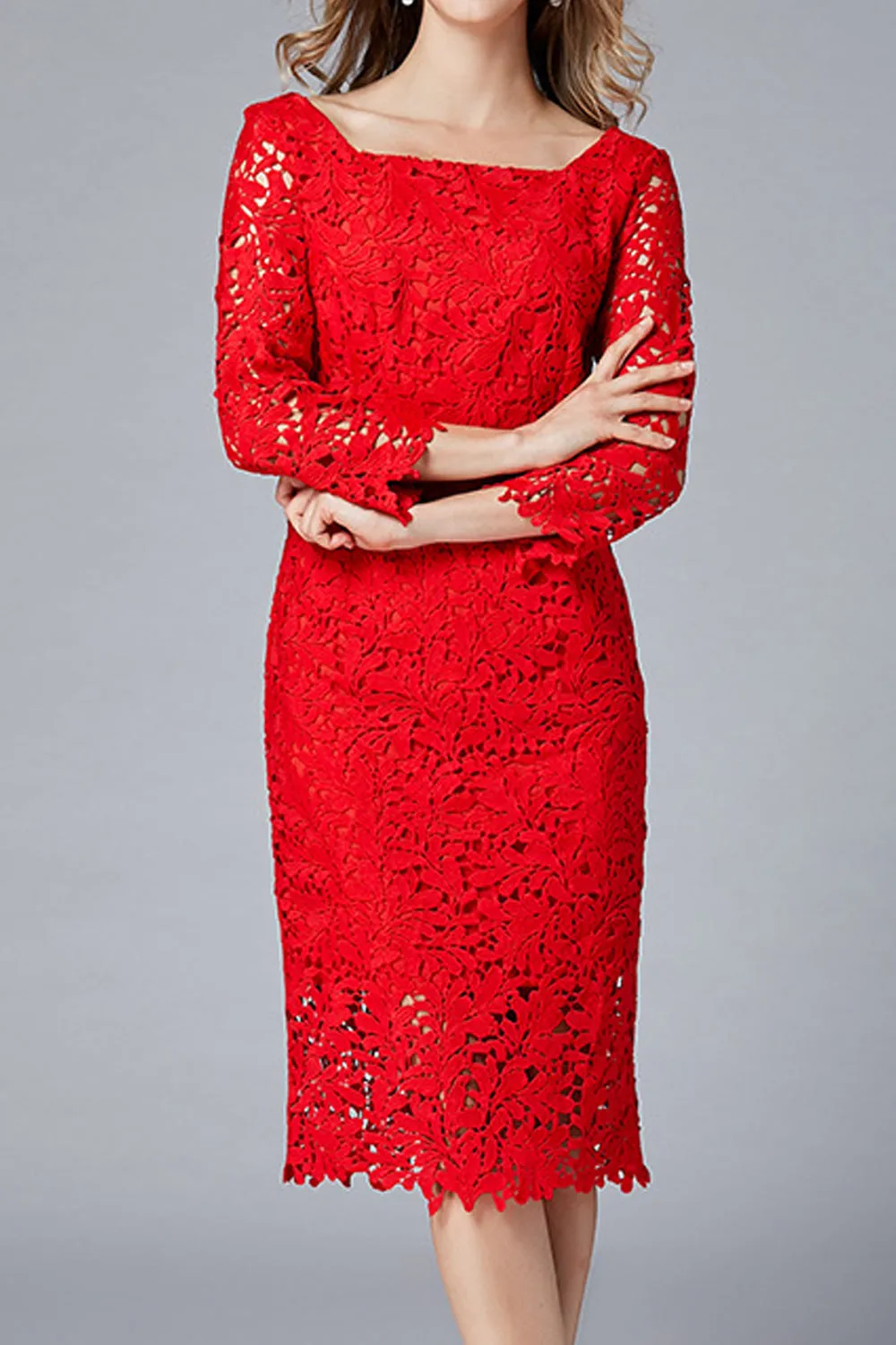 Women Charming Square Collar Red Color Floral Lace Pattern Dress - WD66709