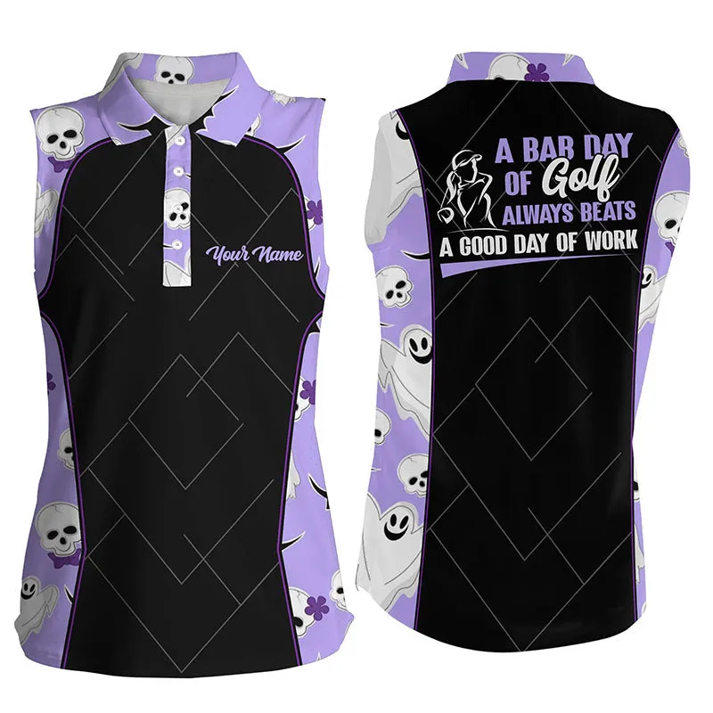 Womens Purple Halloween Golf Polo Shirt, Halloween With Skulls And Ghosts Golf Polo Shirts For Women