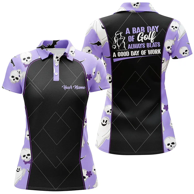 Womens Purple Halloween Golf Polo Shirt, Halloween With Skulls And Ghosts Golf Polo Shirts For Women