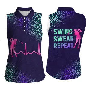 Women's sleeveless golf polo shirt golf heartbeat Swing swear repeat purple gradient leopard pattern