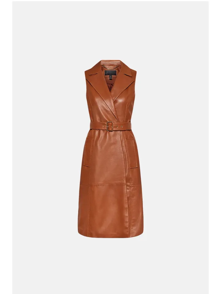 Women’s Sleeveless Tan Brown Sheepskin Leather Trench Coat