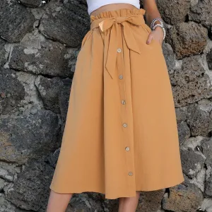 Women's Tie Knot Elastic Waist Button Front Elegant Midi Skirt