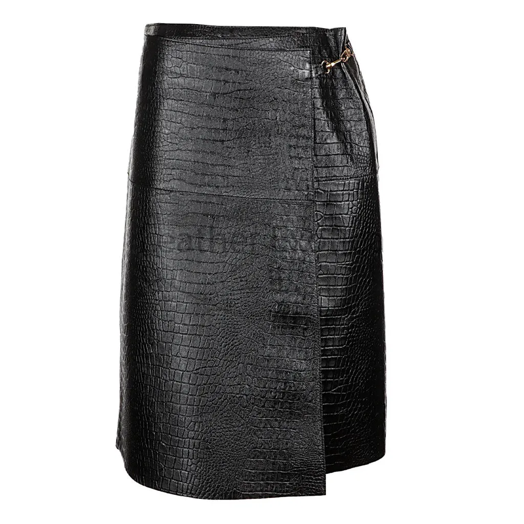 Wrap Style Midi Leather Skirt in Black