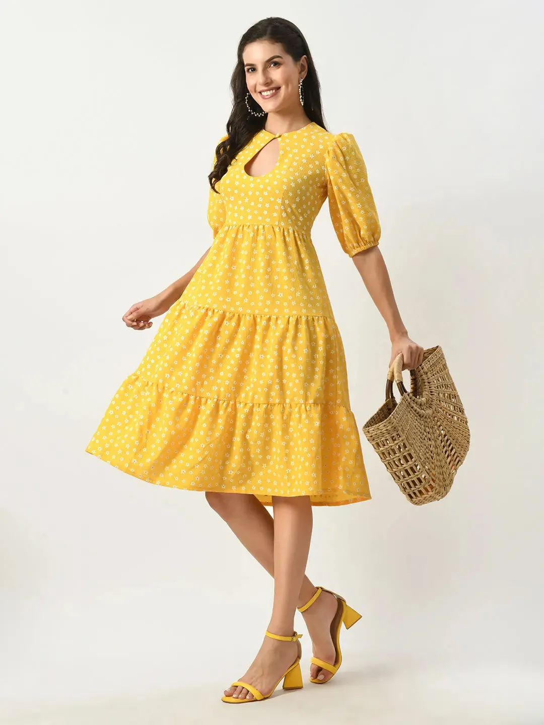 Yellow Midi Dress with Keyhole Neck & Elasticized Sleeves