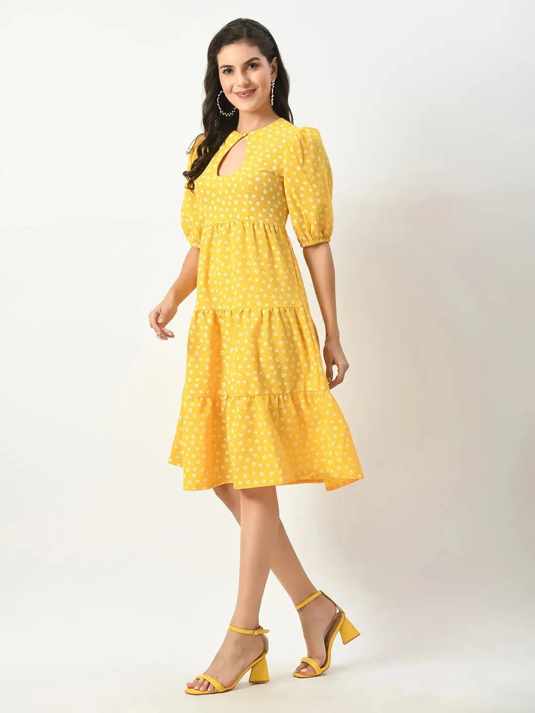 Yellow Midi Dress with Keyhole Neck & Elasticized Sleeves