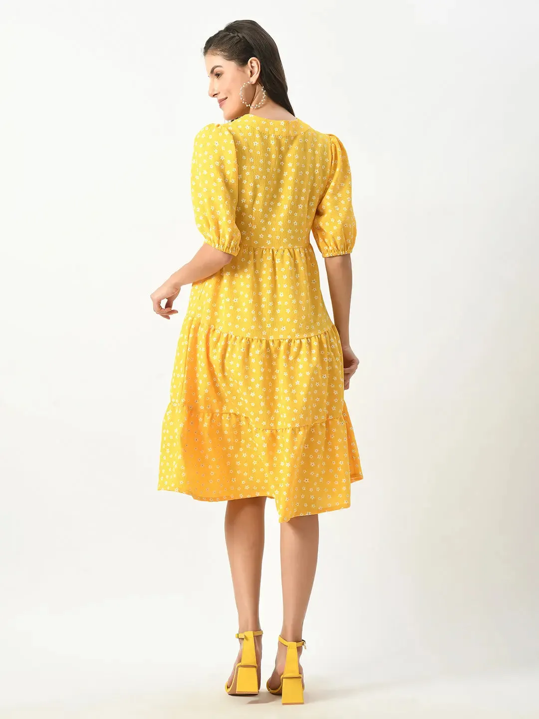 Yellow Midi Dress with Keyhole Neck & Elasticized Sleeves