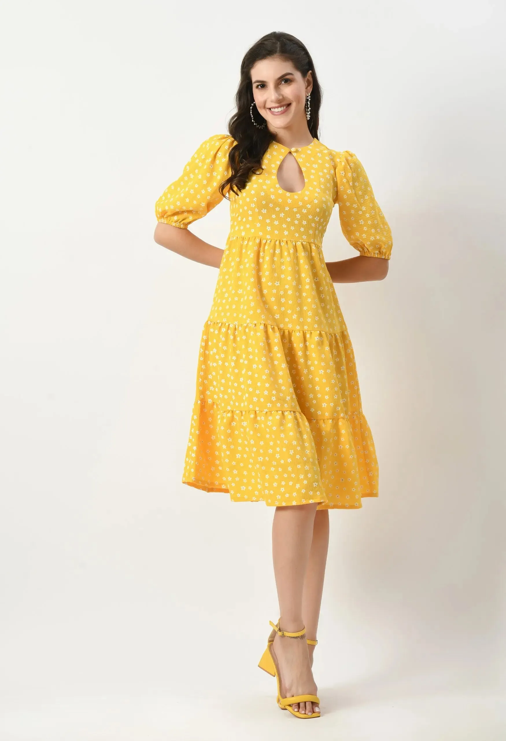 Yellow Midi Dress with Keyhole Neck & Elasticized Sleeves