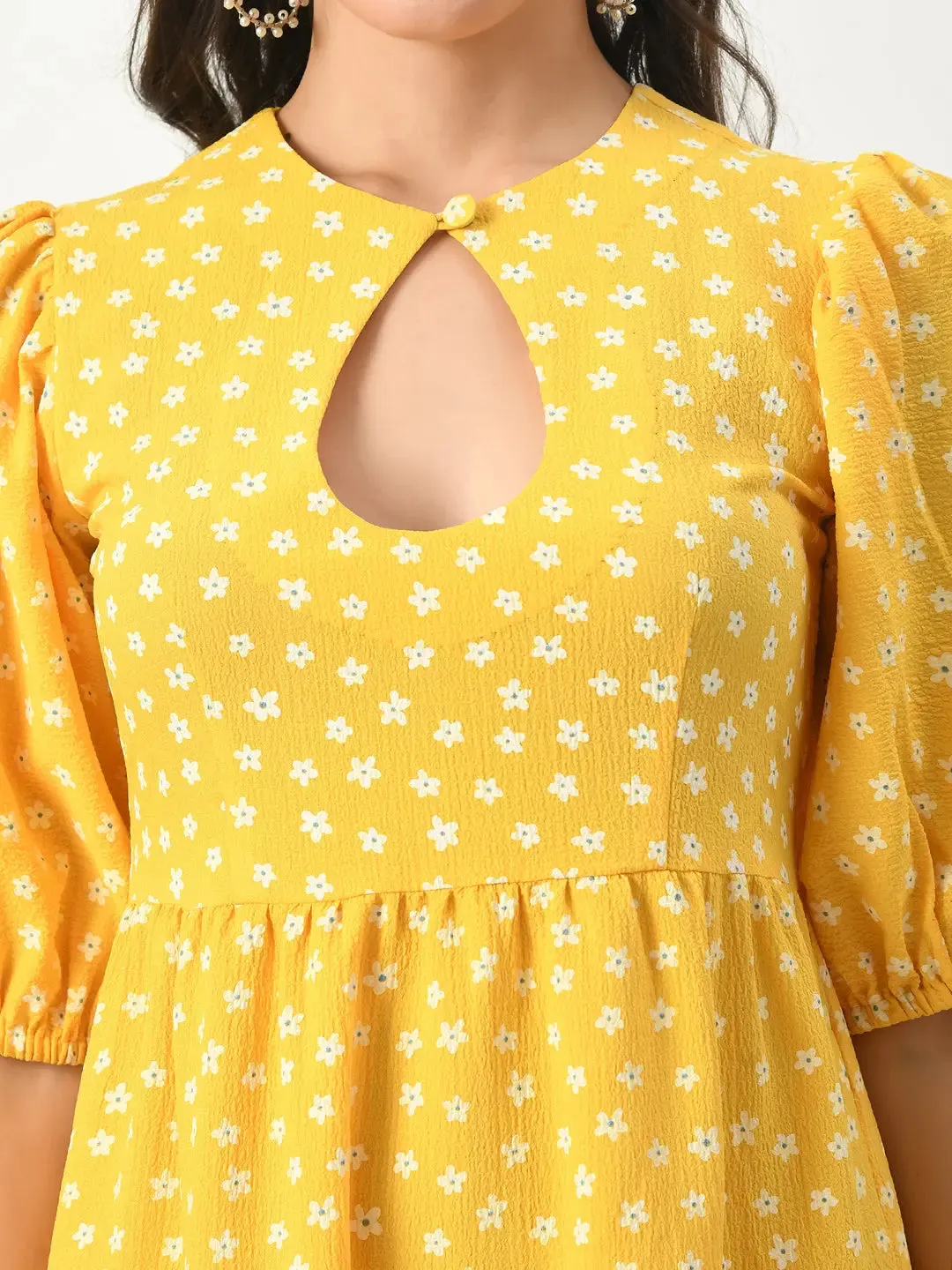 Yellow Midi Dress with Keyhole Neck & Elasticized Sleeves