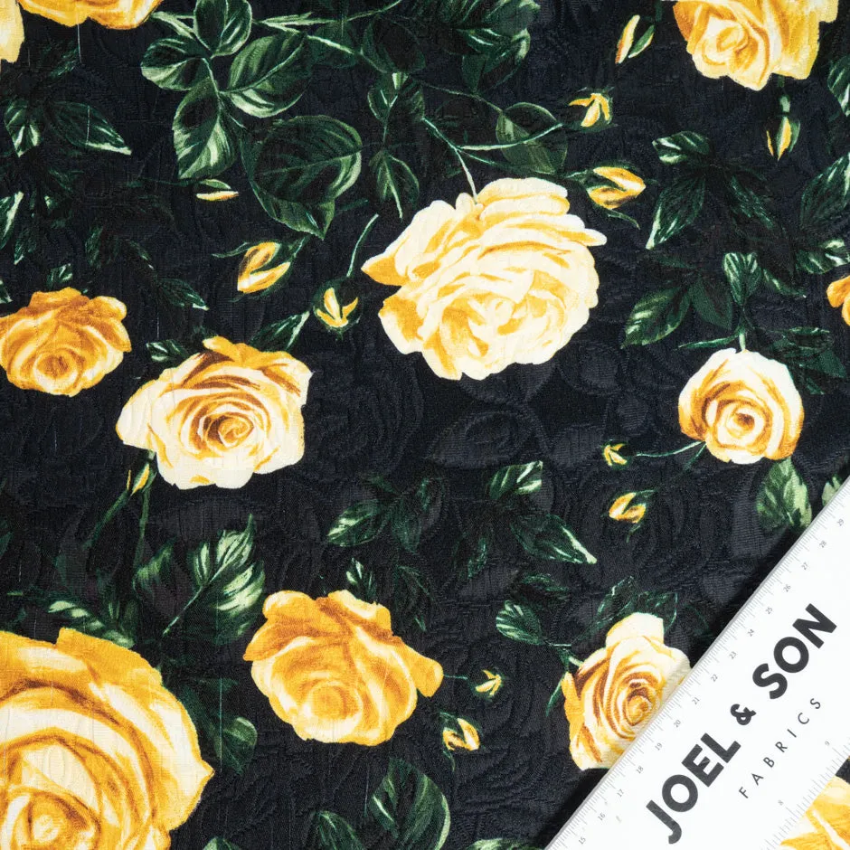 Yellow Rose Printed Black Wool & Silk Blend Cloqué