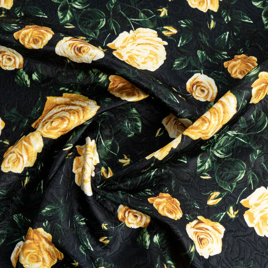 Yellow Rose Printed Black Wool & Silk Blend Cloqué