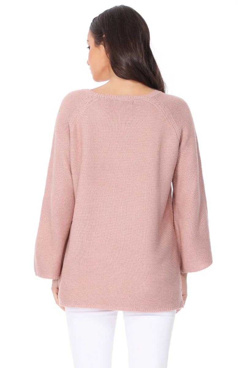 Yemak Women's Boat Neck Bell Sleeve Vented Hem Pullover Sweater MK8200